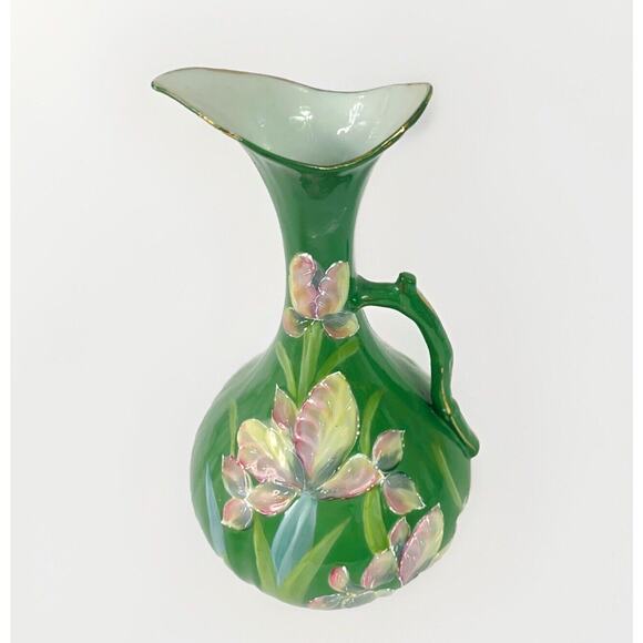 Vintage Moriage Hand Painted Textured Enamel Flowers Ewer Jug Vase 8” - Picture 5 of 7